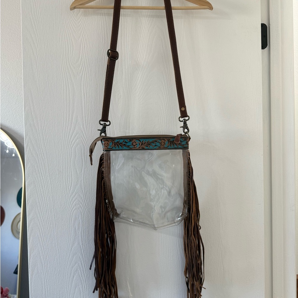 Brown and Clear Fringe Crossbody Bag